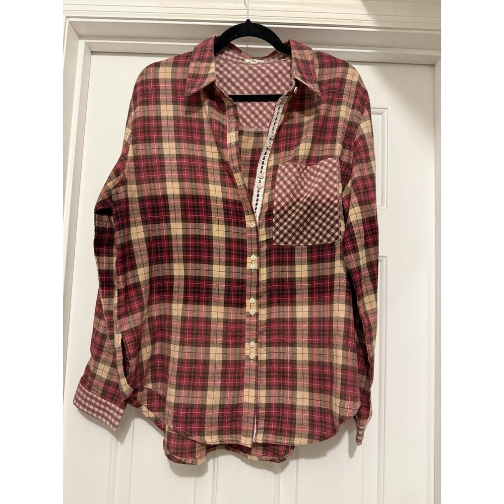 POL Plaid Patchwork Button Down Lace Trim M Red Pink Boho Grunge Cottagecore